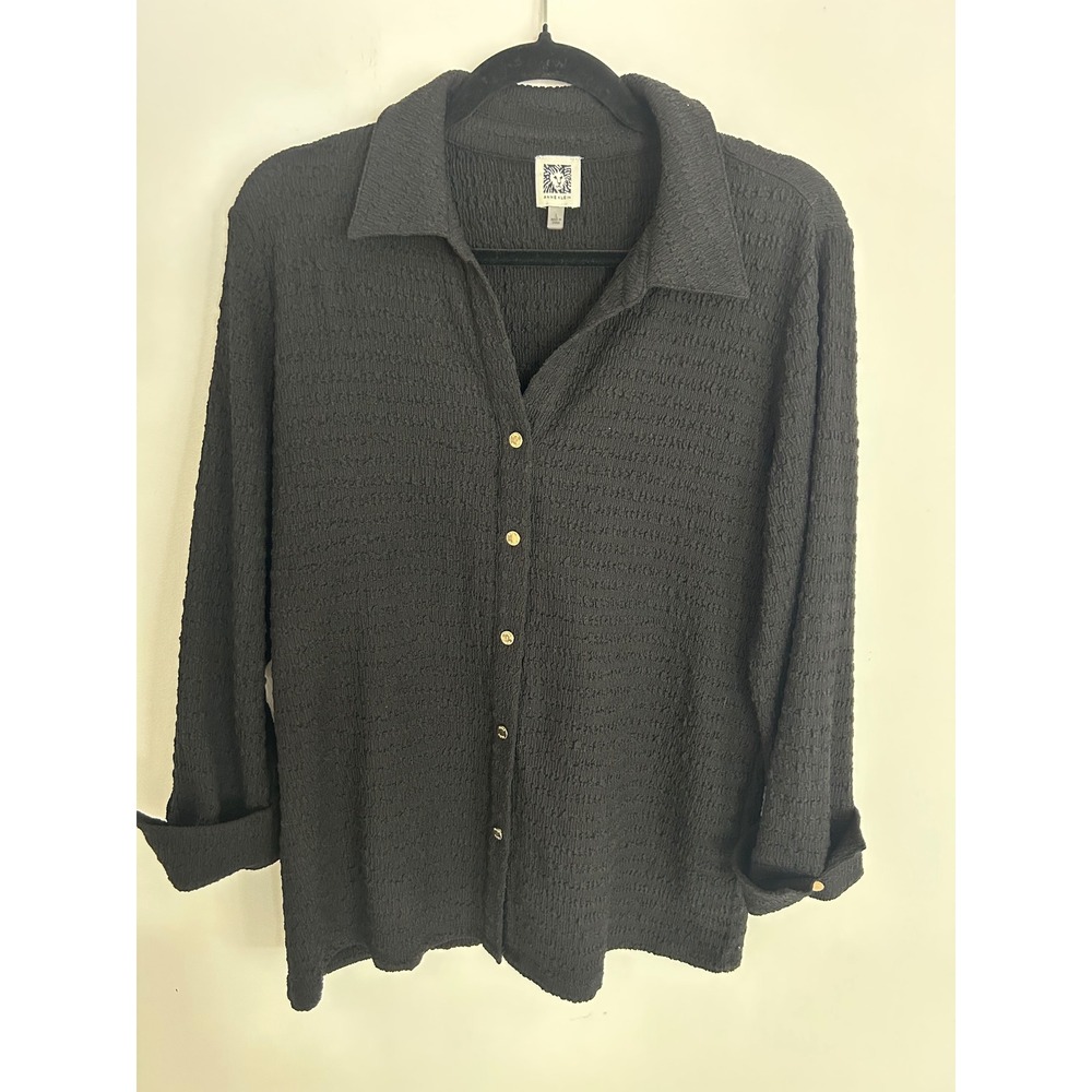 Anne Klein Womens Black Crinkle Textured Button Down Shirt Gold Buttons Size L